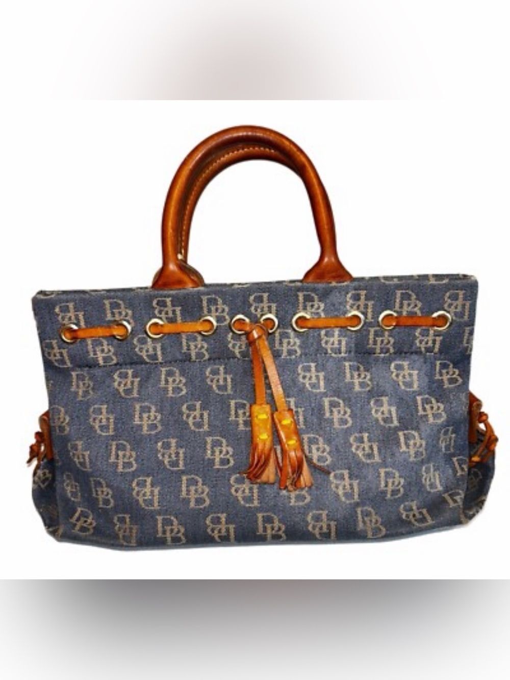 Dooney & Bourke Vintage Gray & Brown Canvas Monogram Leather Trim Shoulder Bag